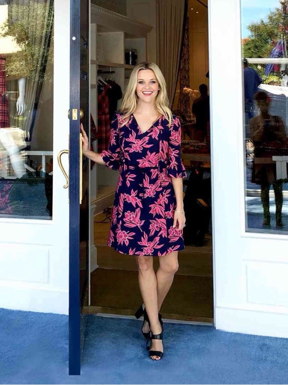 Draper James Navy Dress with Pink Floral Print